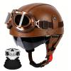German Style Motorcycle Helmets, Retro Leather Half Helmet, DOT Approved Adult Men Women Vintage Half Face Helmet, with Goggles, for Moped Bike Cruiser Scooter Chopper (Brown, XL) view 1