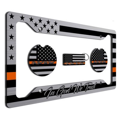 American Flag in God We Trust License Plate Frame + Orange Line Coasters + Keychain - Perfect for God and Country Lovers - Tactical Patriot Brush License Plate Frame Made in USA