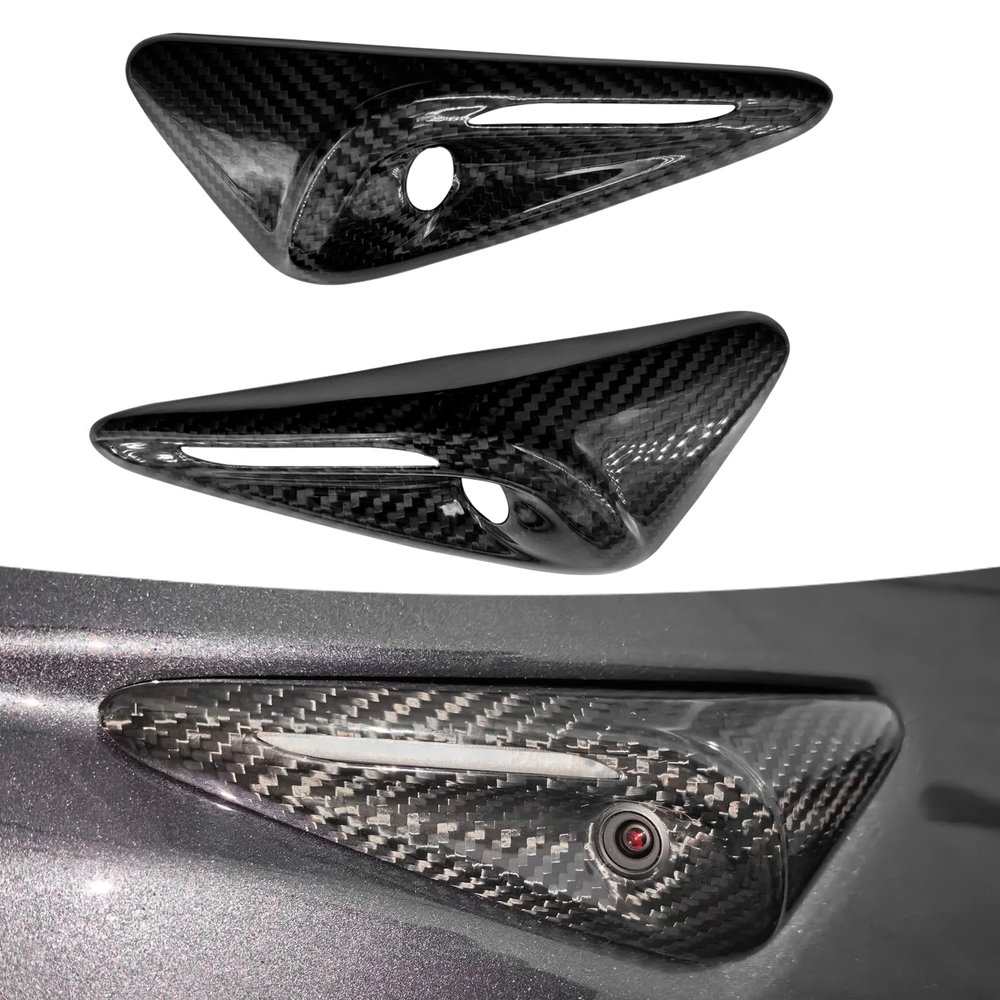 for Model Y Juniper HW4.0 Side Camera Full Cover Protection 2024 Tesla Model 3 Highland - Compatible with Tesla Accessories Carbon Fiber Turn Signal Covers(2Pcs Black Glossy Carbon Fiber Full Cover)