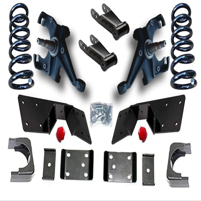 HD Suspension 1988-1998 Chevy C1500 Silverado GM Sierra Lowering Kit 4" Front 7" Rear Drop Spindles, Coil Springs, Flip Kit, Axle Relocator, C-Notch, Shackles 2WD OBS Truck Suspension Kit