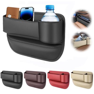 Car Leather Cup Holder Gap Bag,Adjustable Leather Seat Gap Storage Box with Water Cup Holder,Creative Multifunction Car Seat Gap Filler Organizer for SUV,Car /1450