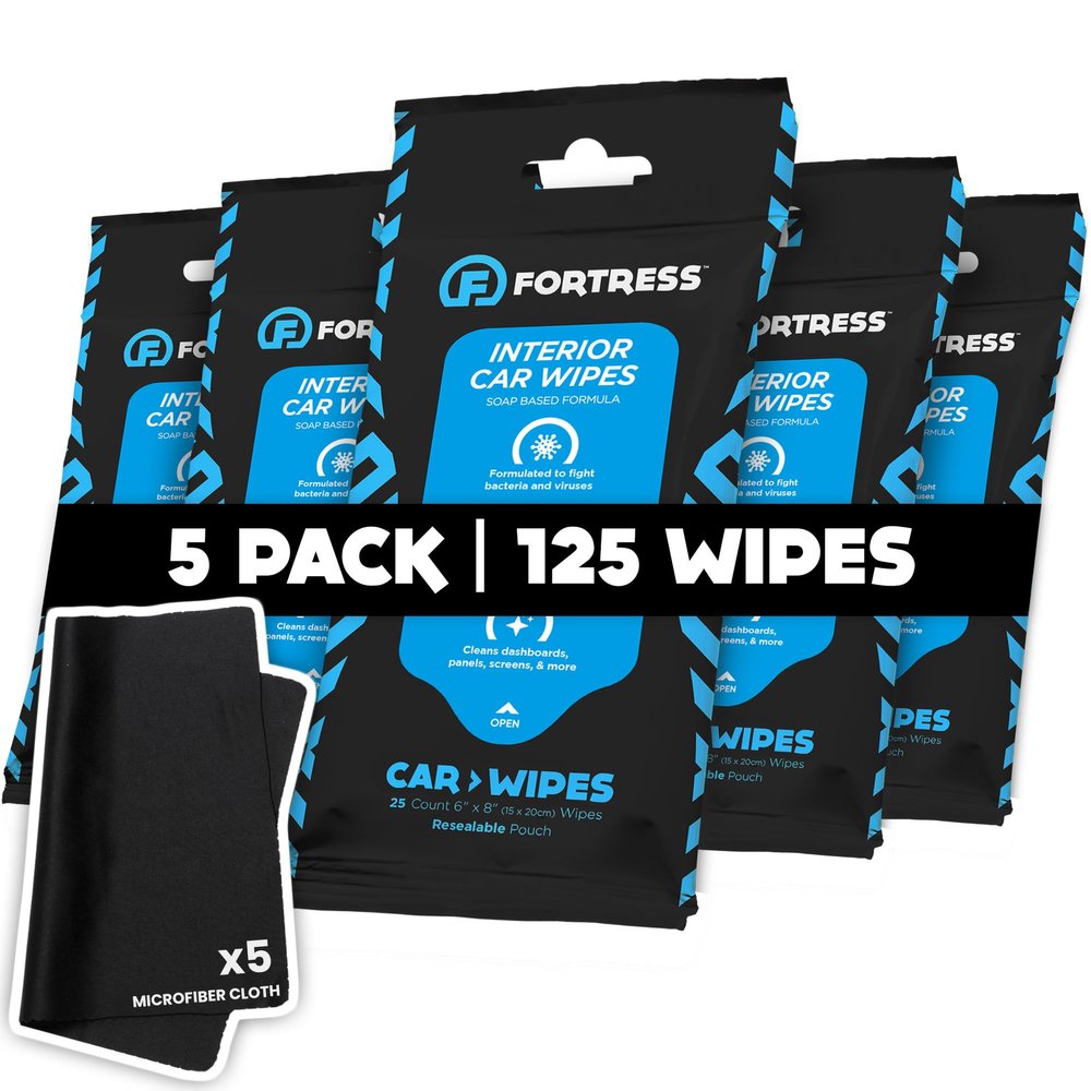 Fortress Car Wipes with Microfiber Cloth (25 ct, Pack of 5) for Interior Cleaning, Dashboard, Seats, Detailing, Steering Wheel [Travel Size] Skin-Safe Cleaner Supplies