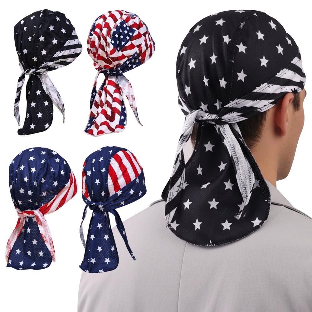 HFZRZFH 4-Pack Do Rags/Dew Rags for Men & Women Sweat-Wicking, Adjustable, Patriotic, UV Protection