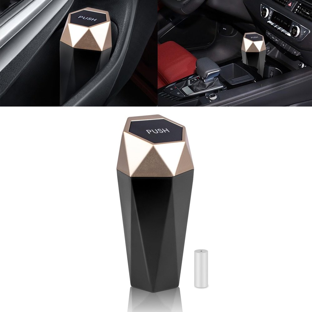 x xotic tech Car Trash Can with Lid, Leakproof Diamond Design Mini Garbage Bin, Portable Auto Rubbish Dustbin Accessories for Automotive Car, Home, Office, Kitchen, Bedroom (Gold)