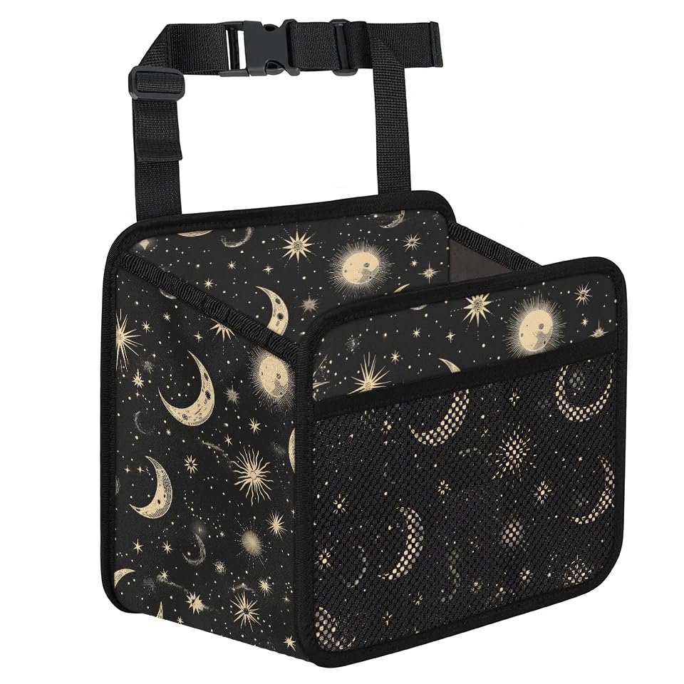 YLYNIU Car Backseat Organizer, PU Leather Back of Seat Car Hanging Organizer with Pockets Leakproof Car Garbage Bag Hanging Car Seat Storage Box Travel Accessories Foldable (Moon & Stars Black)