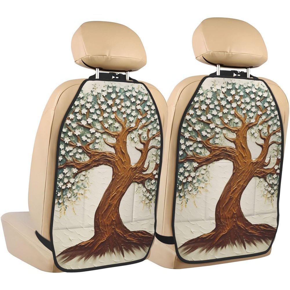 VTCTOASY Kick Mat Back Seat Protector for Car 2 Pack Extra Large Car Back Seat Cover with 3 Storage Pockets Waterproof Seat Back Protector Tree Printed Backseat Car Organizer for Trucks SUV