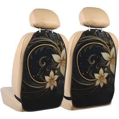 Kick Mat Back Seat Protector for Car 2 Pack Extra Large Car Back Seat Cover with 3 Storage Pockets Waterproof Seat Back Protector Gold design on black background Backseat Car Organizer for Trucks SUV