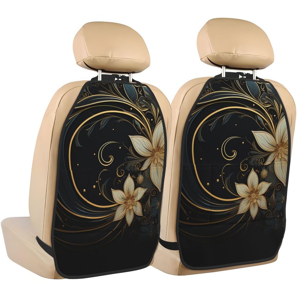 Kick Mat Back Seat Protector for Car 2 Pack Extra Large Car Back Seat Cover with 3 Storage Pockets Waterproof Seat Back Protector Gold design on black background Backseat Car Organizer for Trucks SUV