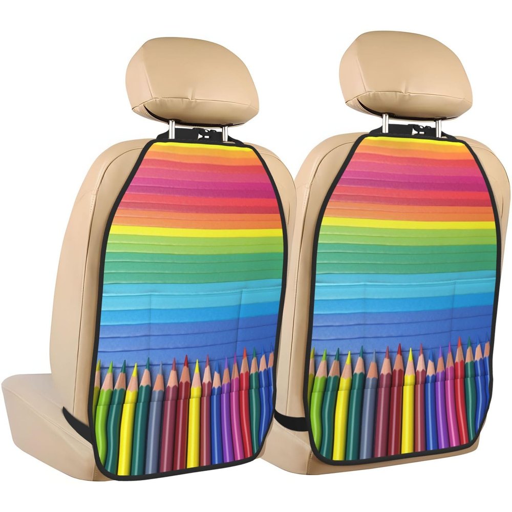 VTCTOASY Kick Mat Back Seat Protector for Car 2 Pack Extra Large Car Back Seat Cover with 3 Storage Pockets Waterproof Seat Back Protector Rainbow Pencil Backseat Car Organizer for Trucks SUV