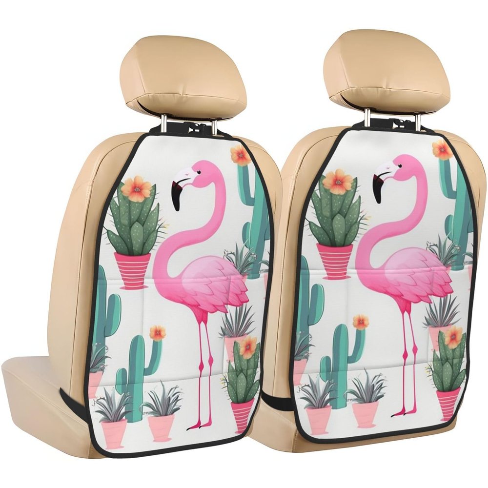 Kick Mat Back Seat Protector for Car 2 Pack Extra Large Car Back Seat Cover with 3 Storage Pockets Waterproof Seat Back Protector Tropical Flamingo Cute Cactus Backseat Car Organizer for Trucks SUV