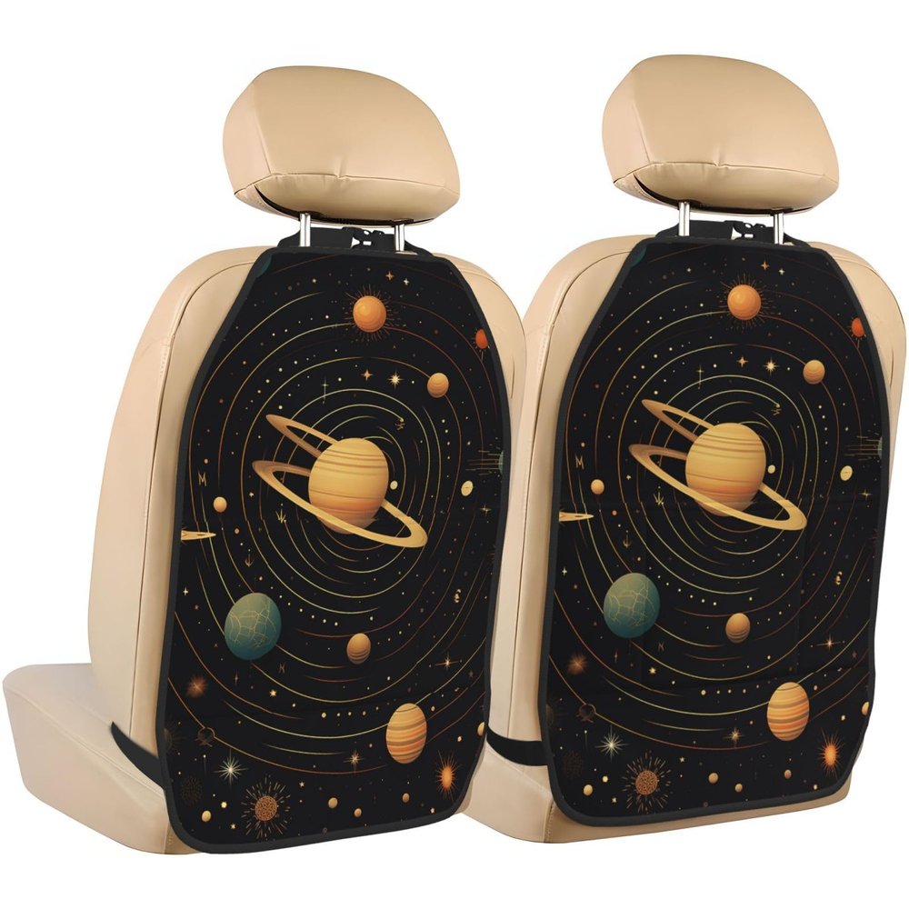Kick Mat Back Seat Protector for Car 2 Pack Extra Large Car Back Seat Cover with 3 Storage Pockets Waterproof Seat Back Protector Retro Astronomical Pattern Backseat Car Organizer for Trucks SUV