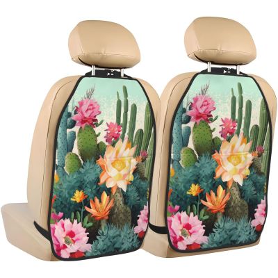 VTCTOASY Kick Mat Back Seat Protector for Car 2 Pack Extra Large Car Back Seat Cover with 3 Storage Pockets Waterproof Seat Back Protector Summer Floral Cactus Backseat Car Organizer for Trucks SUV