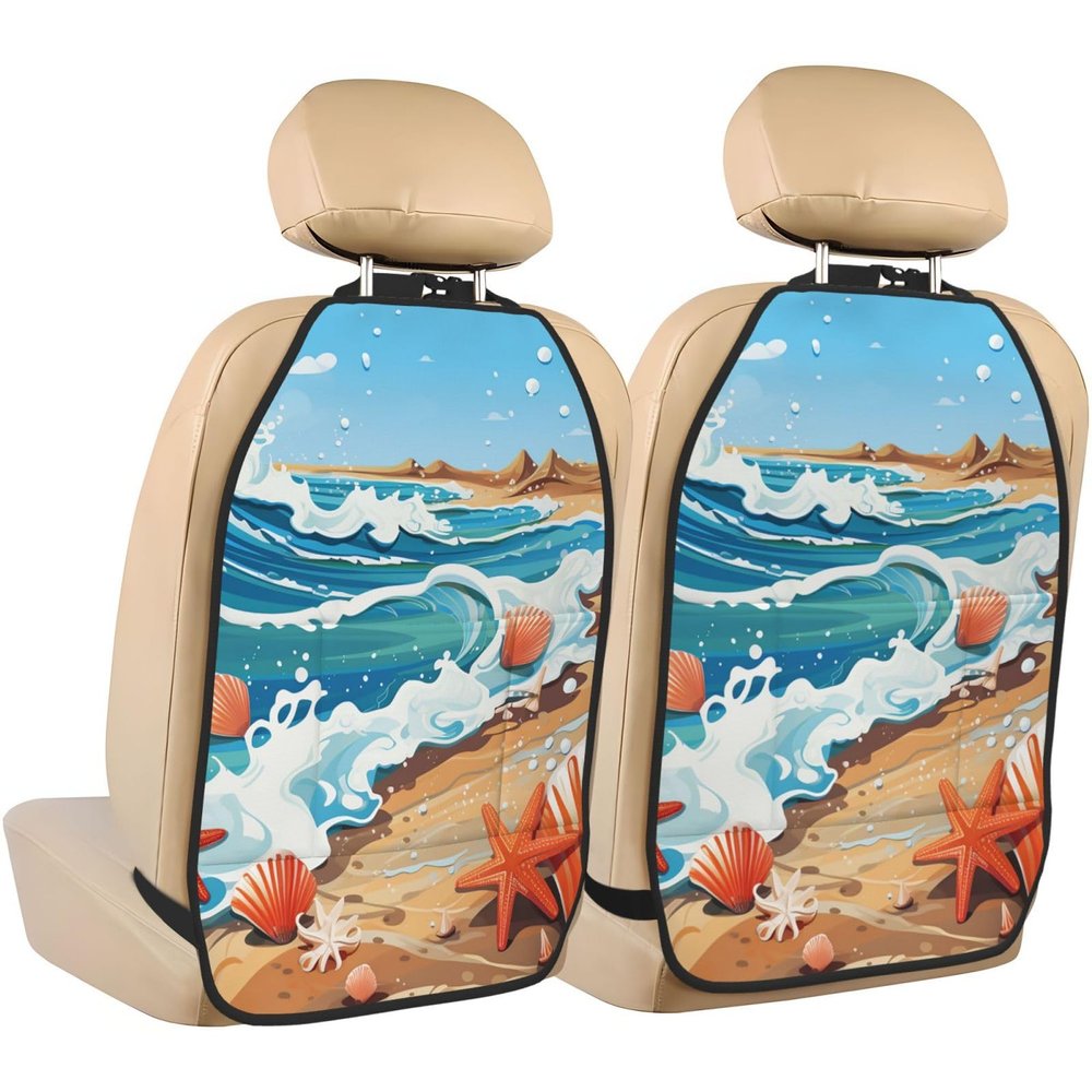 VTCTOASY Kick Mat Back Seat Protector for Car 2 Pack Extra Large Car Back Seat Cover with 3 Storage Pockets Waterproof Seat Back Protector Seashells and Waves Backseat Car Organizer for Trucks SUV