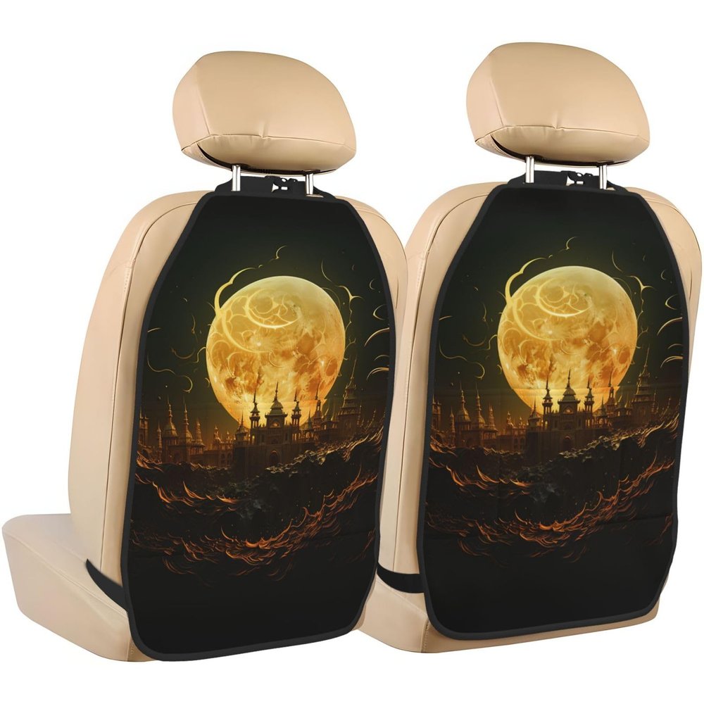 VTCTOASY Kick Mat Back Seat Protector for Car 2 Pack Extra Large Car Back Seat Cover with 3 Storage Pockets Waterproof Seat Back Protector Golden Moon Backseat Car Organizer for Trucks SUV