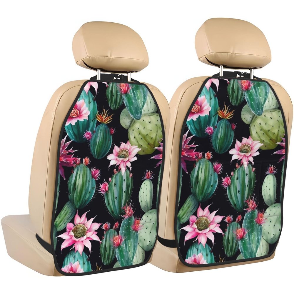 Kick Mat Back Seat Protector for Car 2 Pack Extra Large Car Back Seat Cover with 3 Storage Pockets Waterproof Seat Back Protector Tropical Cactus Tree Flower Backseat Car Organizer for Trucks SUV