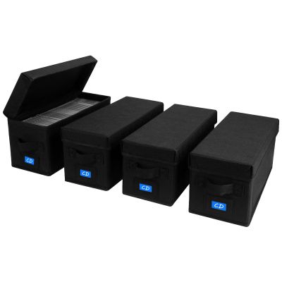 BOATISLE CD Case Holder with Handles and Lid CD Storage Box with External Label Slots, Easy-to-Move Organizer Case for Efficient Media Storage,4Pack-Black