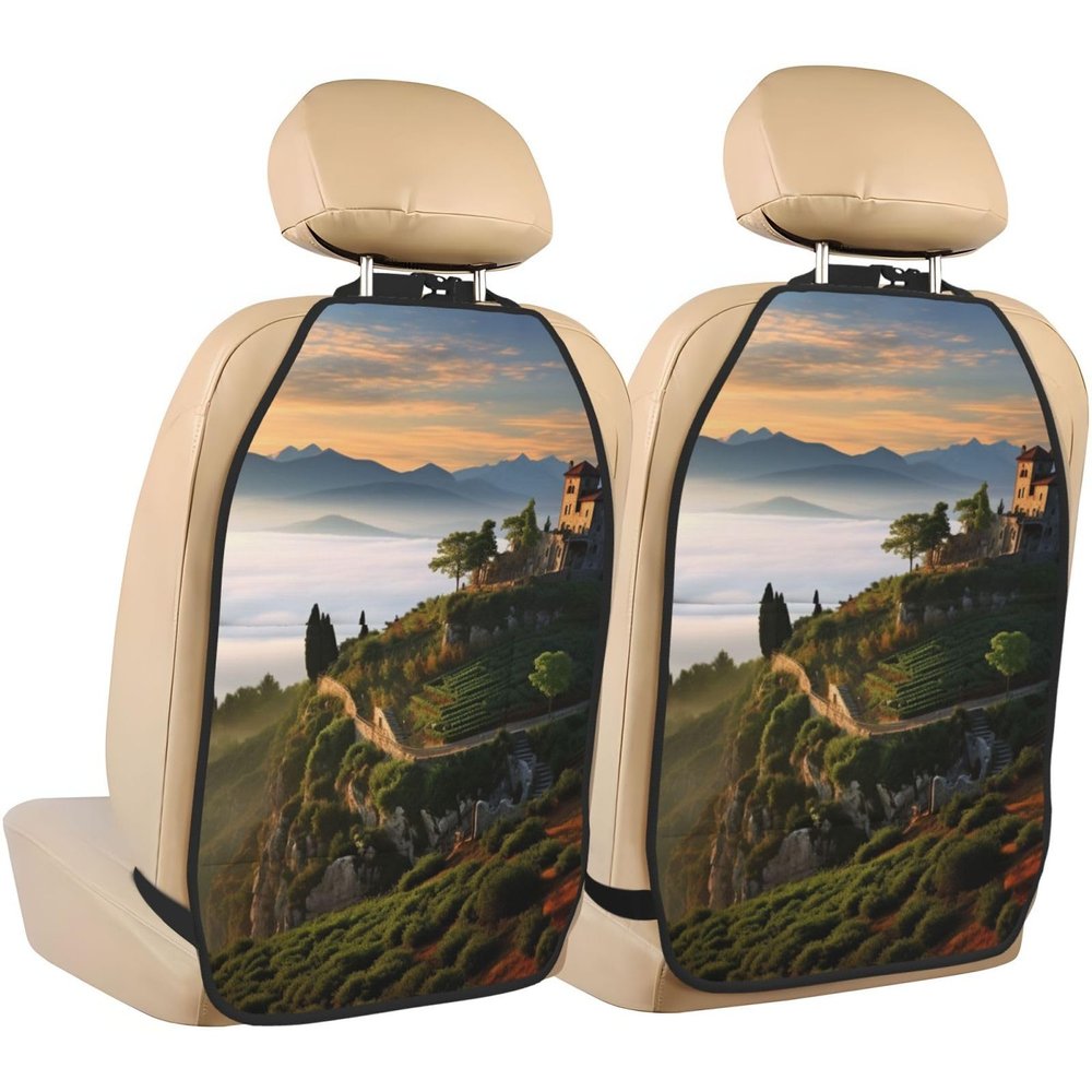 Kick Mat Back Seat Protector for Car 2 Pack Extra Large Car Back Seat Cover with 3 Storage Pockets Waterproof Seat Back Protector Villa on The Top of The Hill Backseat Car Organizer for Trucks SUV