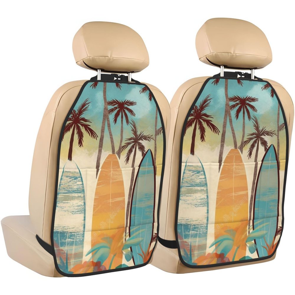 VTCTOASY Kick Mat Back Seat Protector for Car 2 Pack Extra Large Car Back Seat Cover with 3 Storage Pockets Waterproof Seat Back Protector Surfboard Palm Tree Backseat Car Organizer for Trucks SUV