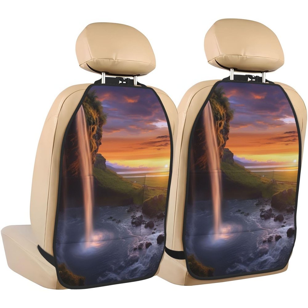 VTCTOASY Kick Mat Back Seat Protector for Car 2 Pack Extra Large Car Back Seat Cover with 3 Storage Pockets Waterproof Seat Back Protector Waterfall at Sunset Backseat Car Organizer for Trucks SUV