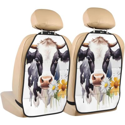 Kick Mat Back Seat Protector for Car 2 Pack Extra Large Car Back Seat Cover with 3 Storage Pockets Waterproof Seat Back Protector Watercolor Cow And Daisy Flower Backseat Car Organizer for Trucks SUV