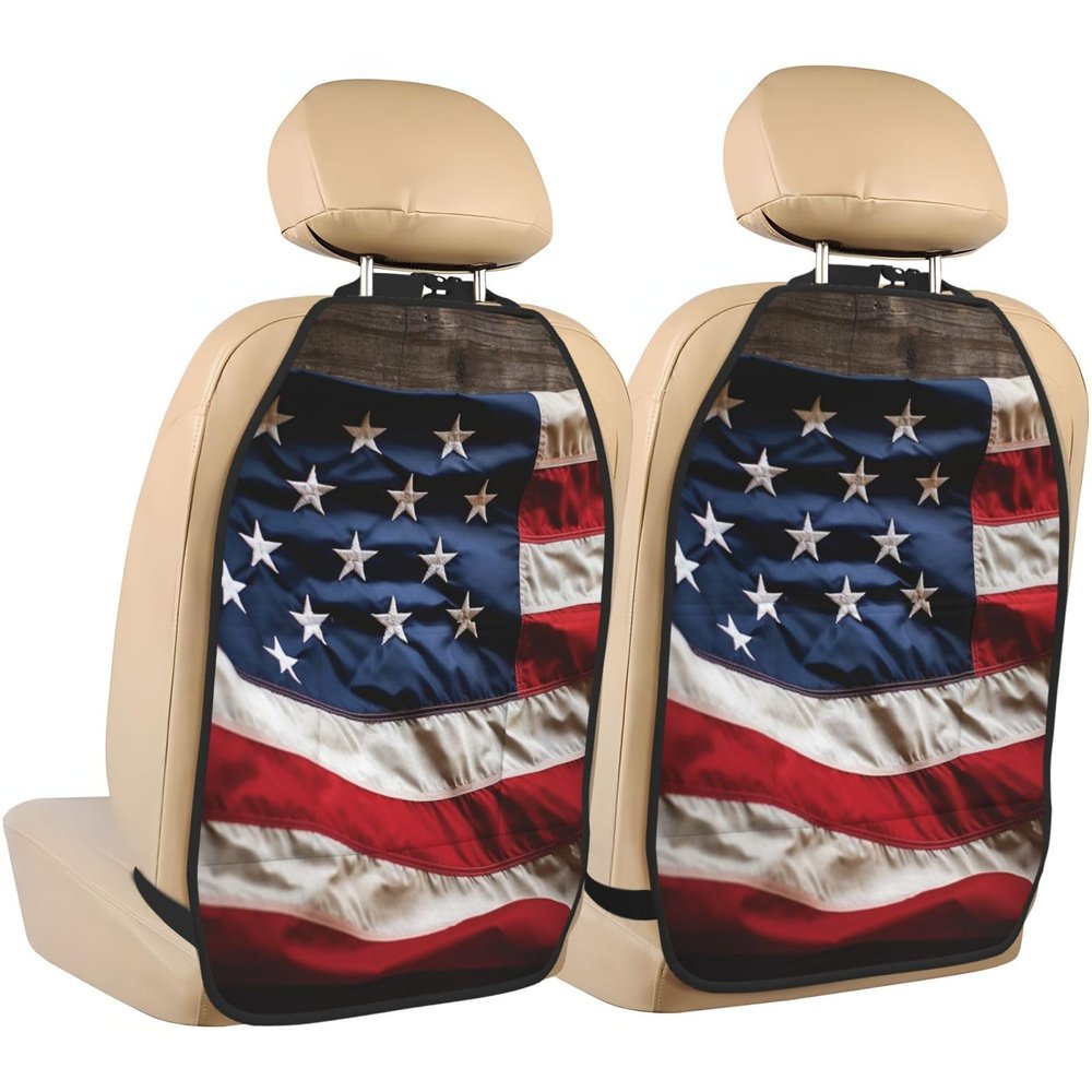 VTCTOASY Kick Mat Back Seat Protector for Car 2 Pack Extra Large Car Back Seat Cover with 3 Storage Pockets Waterproof Seat Back Protector American Flag Backseat Car Organizer for Trucks SUV