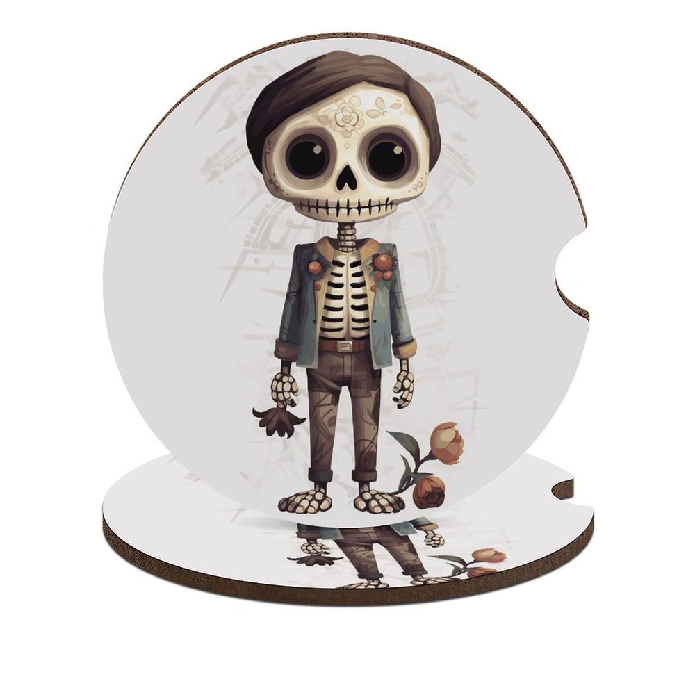 Car Coasters 2PCS Skull Boy and Flower Car Cup Holder Coaster Non-Slip Drink Coasters Absorbent Coffee Cup Pad Wood Car Coasters Universal Auto Cup Mats Car Interior Accessories for Most Vehicle