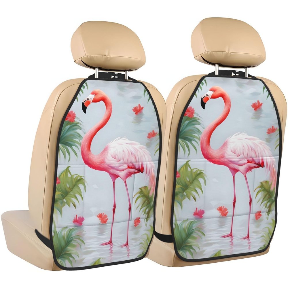 VTCTOASY Kick Mat Back Seat Protector for Car 2 Pack Extra Large Car Back Seat Cover with 3 Storage Pockets Waterproof Seat Back Protector White Flamingo Backseat Car Organizer for Trucks SUV