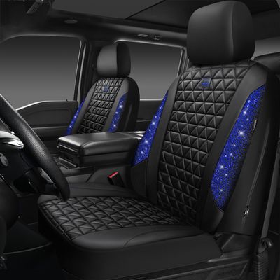 CAR PASS Bling Diamond Black Leather Car Seat Covers for 2 Front Interior Sets, Waterproof Shining Glitter Sparkly Crystal Universal Armrest Fit Automotive Truck SUV Cute Women Girl, Blue Rhinestone