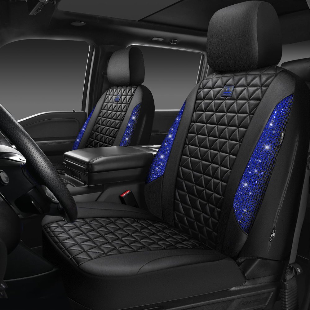 CAR PASS Bling Diamond Black Leather Car Seat Covers for 2 Front Interior Sets, Waterproof Shining Glitter Sparkly Crystal Universal Armrest Fit Automotive Truck SUV Cute Women Girl, Blue Rhinestone