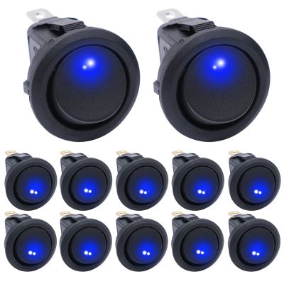 Auttoop 12pcs 12V Round Rocker Switch Lighted SPST Switch, Blue LED Light up Toggle On-Off Switch 20A for Automotive Car Truck Boat Control KCD2-102N-BU
