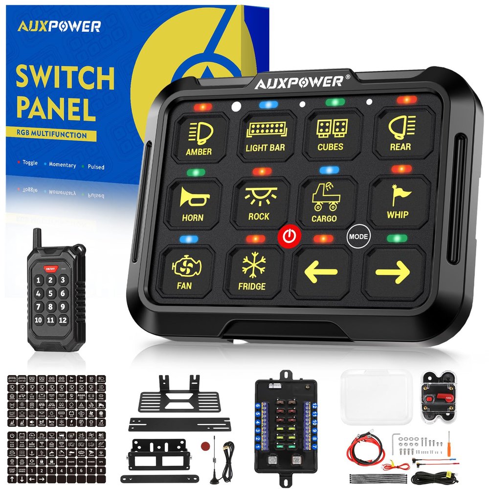 Auxpower 12 Gang Switch Panel Wireless B412 RGB Switch Panel with Remote Control Toggle Momentary Pulsed Function Automatic Dimmable Multifunction Switches for Truck Car Marine Offroad
