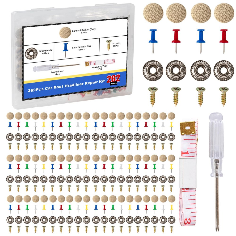 Moibunka 262PCS Car Roof Headliner Repair Kit Advanced Auto Interior Ceiling Fabric Fixing Buckles with Installation Tool Ideal for Older Cars with Sagging Roof Liners (Beige)