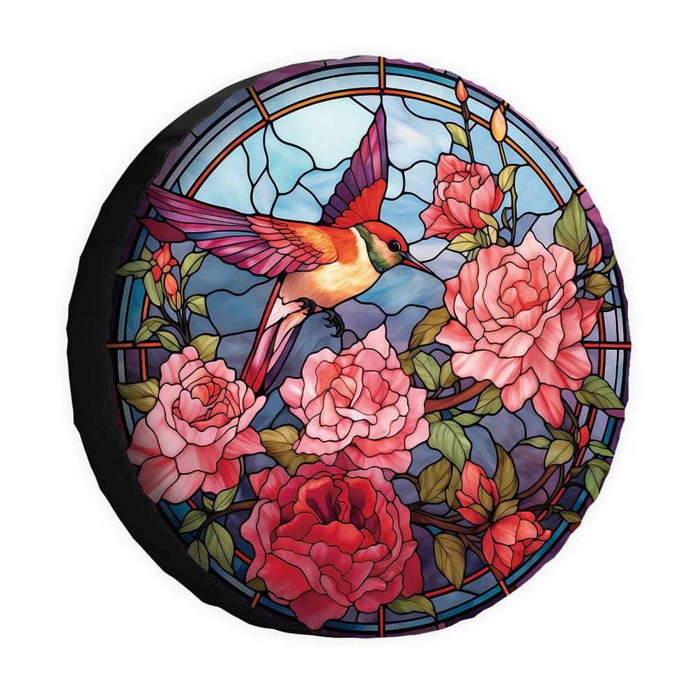 Cafetime Hummingbird Flowers Spare Tire Cover Bird Floral Stained Glass Window Artistry Wheel Protectors Covers Dust Proof 17 Inch Wheel Covers for Trailer RV SUV Truck Camper Travel Trailers