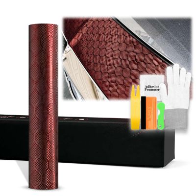 60"x600" (5FTx50FT) Dark Red PET Honeycomb Carbon Fiber Satin Vinyl Wrap Auto Car Sticker Decal Film Sheet Like Paint Bubble Free Air Release Technology with Tool Kit