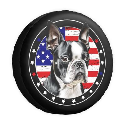 GABSHAIM Boston Terrier American Flag Spare Tire Cover Watercolor Dog Stars and Stripes US Flag Tire Wheel Cover Protectors Camper RV Trailer SUV Truck Universal 16 Inch