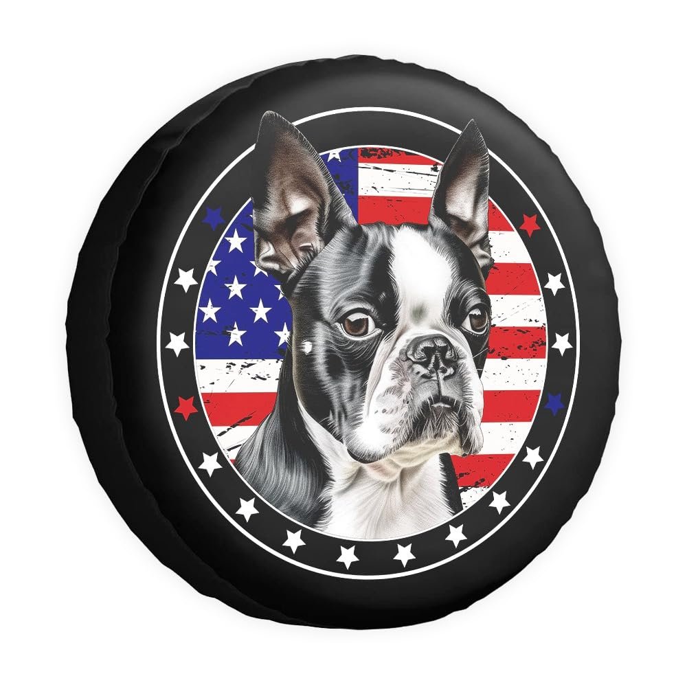 GABSHAIM Boston Terrier American Flag Spare Tire Cover Watercolor Dog Stars and Stripes US Flag Tire Wheel Cover Protectors Camper RV Trailer SUV Truck Universal 16 Inch