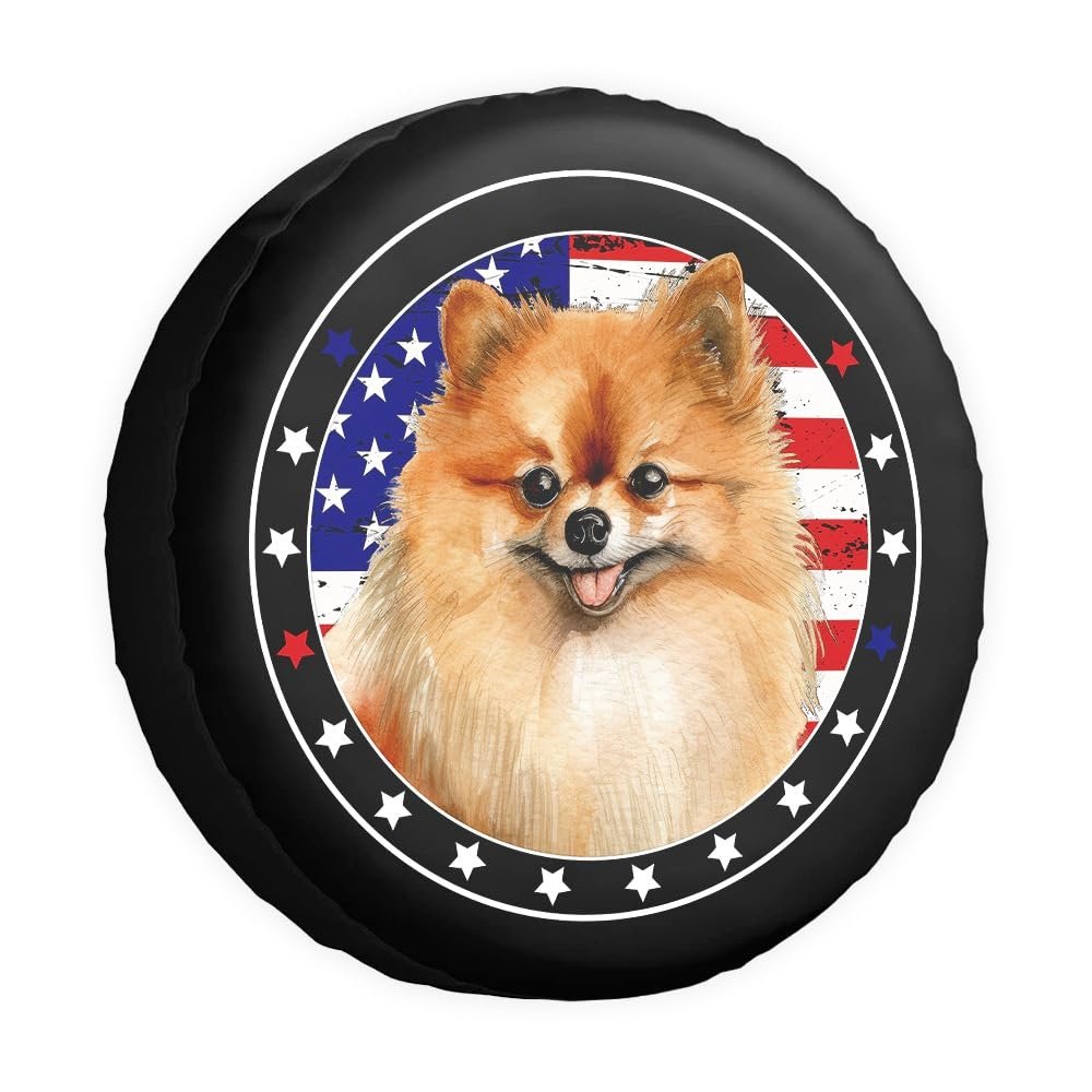 GABSHAIM Pomeranian American Flag Spare Tire Cover Watercolor Dog Stars and Stripes US Flag Tire Wheel Cover Protectors Camper RV Trailer SUV Truck Universal 17 Inch