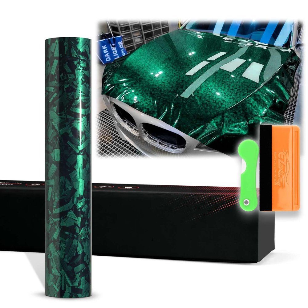 12"x60" (1FTx5FT) Emerald Green PET Marble Forged Carbon Fiber Textured Gloss Vinyl Wrap Auto Car Sticker Decal Film Sheet Bubble Free Air Release Technology with Tool Kit