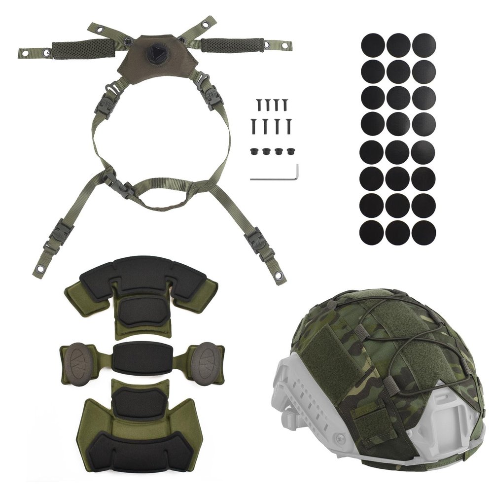 Helmet Cover Cloth,Adjustable Dial Suspension System Chin Strap Tactical Helmet Retention System Chin Strap and Airsoft Helmet Padding Kit Universal EVA Foam Pads Set (Green)