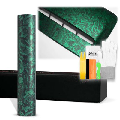 24"x60" (2FTx5FT) Emerald Green PET Marble Forged Carbon Fiber Textured Matte Vinyl Wrap Auto Car Sticker Decal Film Sheet Bubble Free Air Release Technology with Tool Kit