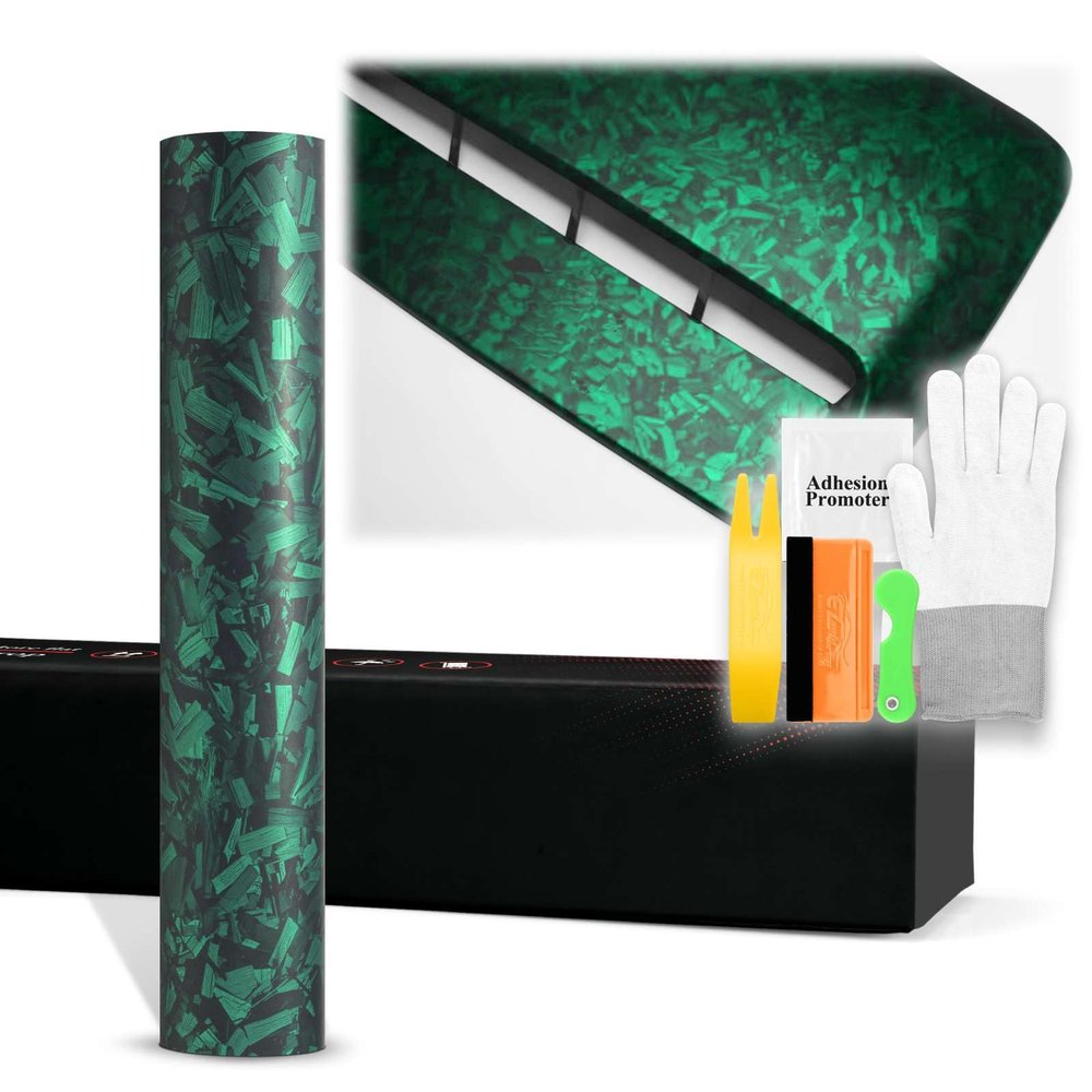 24"x60" (2FTx5FT) Emerald Green PET Marble Forged Carbon Fiber Textured Matte Vinyl Wrap Auto Car Sticker Decal Film Sheet Bubble Free Air Release Technology with Tool Kit