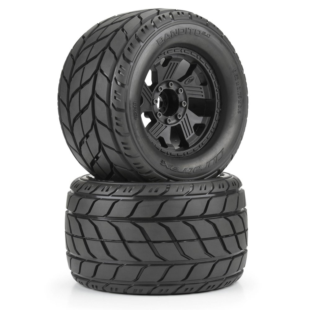 Duratrax Bandito 2.0 3.8" All Terrain Tires Mounted on Ripper Black 8x32 Removable Hex Wheels 2 for 17mm MT Front or Rear DTX564910