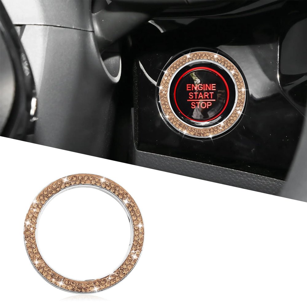 Car Bling Crystal Rhinestone Engine Start Decoration Ring, Sparkling Push Start Button Sticker, Key Ignition & Knob Ring Decoration, Bling Car Interior Accessories for Women (Peach)