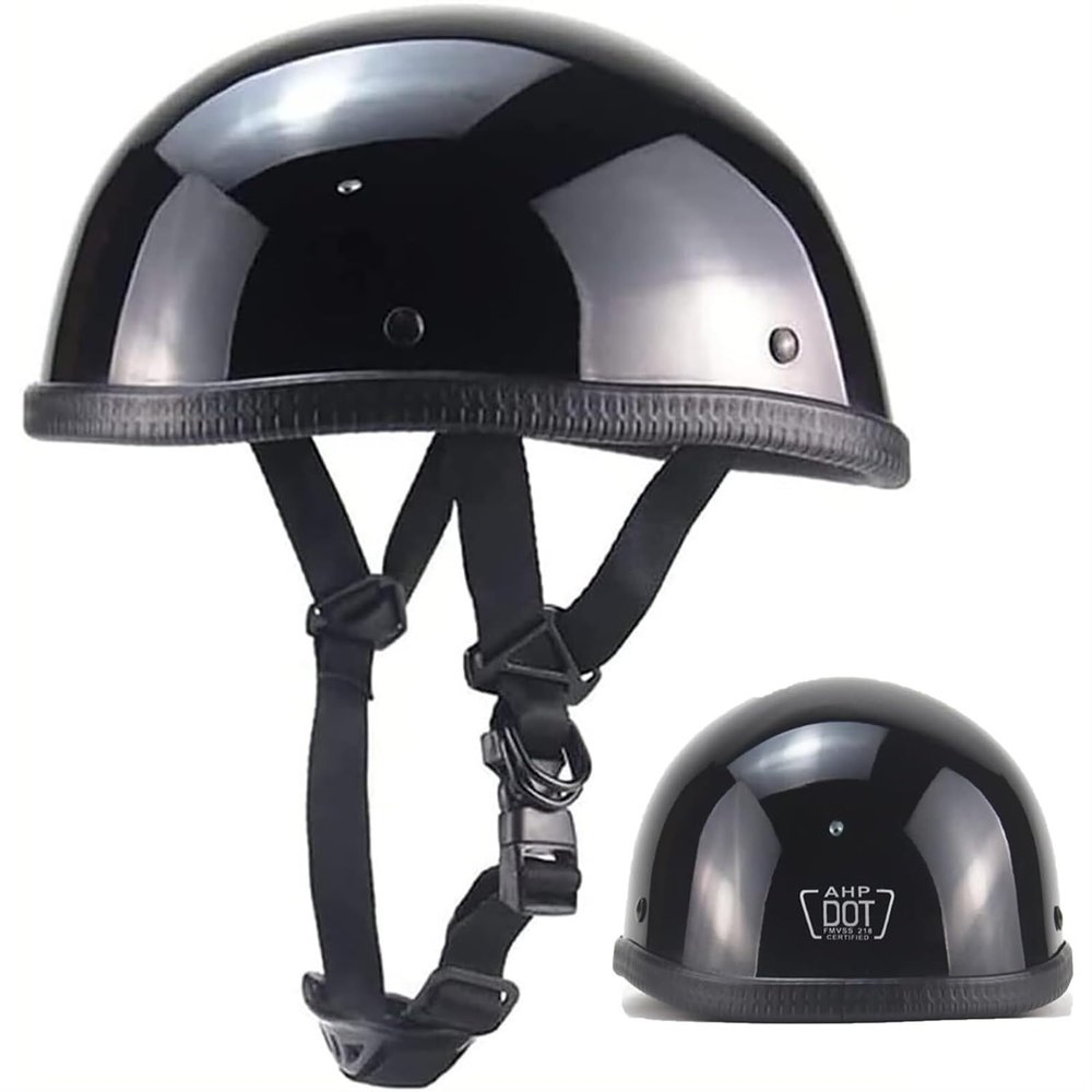 Cool Small and Light German Style Novelty Small Beanie DOT Approved Helmet,Ultra-Thin Motorcycle Half Helmet,Low Profile Street Skull Cap Bike Helmet for Chopper Moped Scooter(Bright Black,XX-Large)