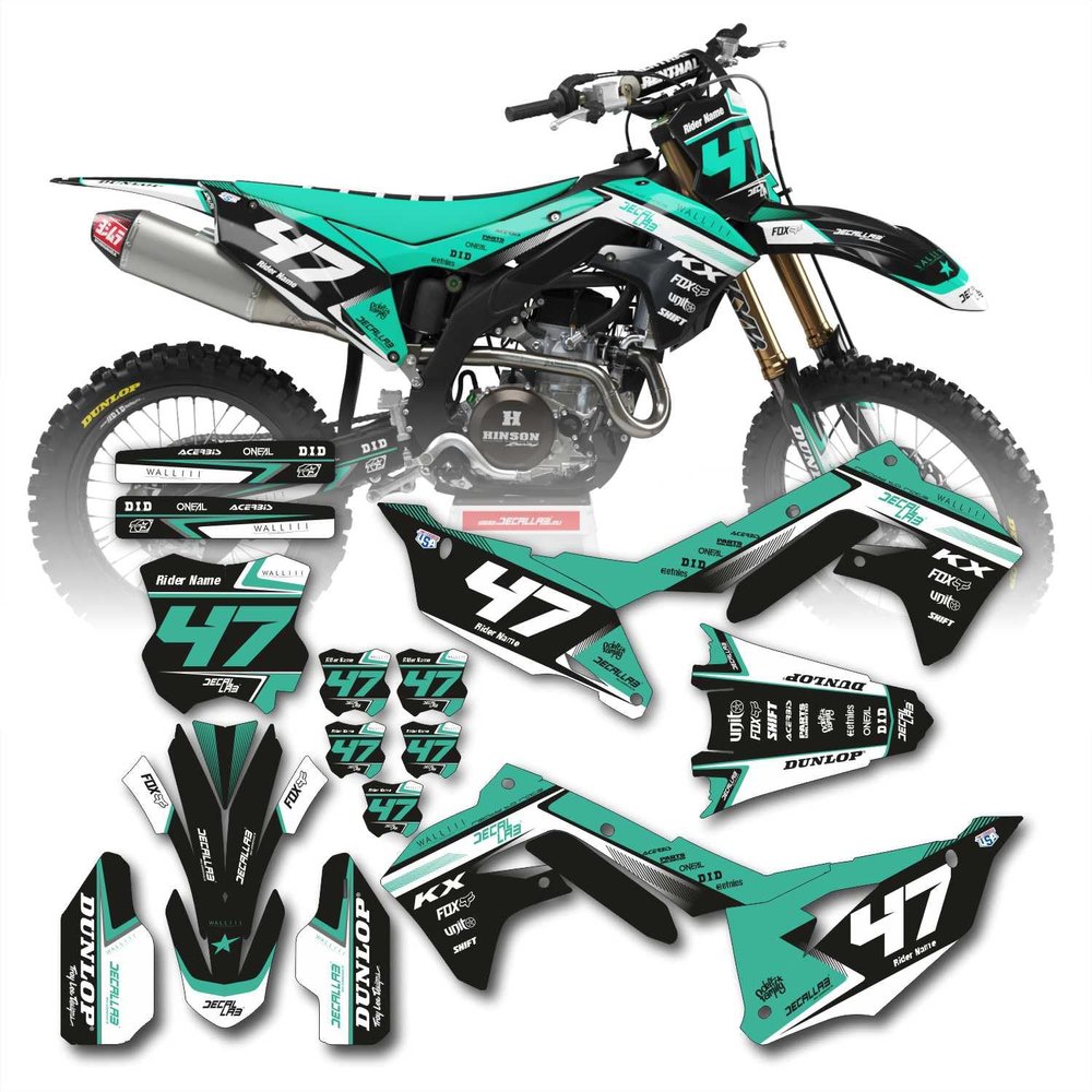 Decallab Customizable Personalized Motocross Full Graphics Kit, Complete Professional Dirt Bike Racing Decal Sticker Set for Kawasaki KX 250F KX 450F 2021 2022 2023 (Teal)