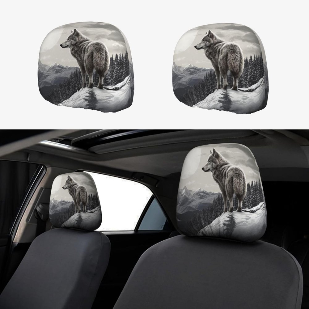 Snow Mountain Lone Wolf Car Seat Headrest Cover Stretch Breathable Car Headrest Covers Universal Headrest Covers for Cars Funny SUV Seat Head Rest Protector Fit Most Cars Sedan Van