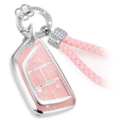 Coverforkey for Cadillac Key Fob Cover with Fashion Braided Keychain,Enchanting Diamond Patterns Soft Case for Escalade ATS XT4/5/6 XTS CT5/6 ESV (Pink, B)