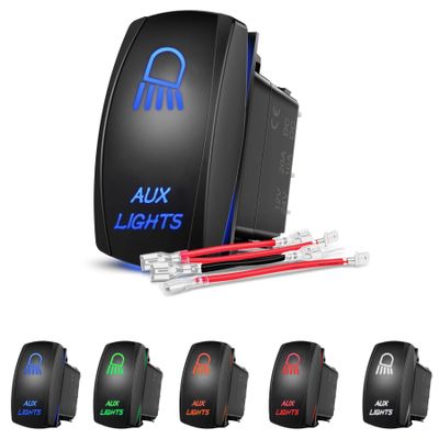 Aux Lights Rocker Switch 5 Pin SPST 20A 12V DC Marine Boat Waterproof Toggle Switch On Off, Laser Engraving Rocker Switch with Wires for Automotive Jeep Car Truck RV ATV UTV (Blue)