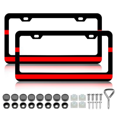 Thin Red Line License Plate Frame - 2 PSC Firefighter Aluminum Metal License Plate Frame, Rust-Proof Waterproof Car Decorative Tag Frames for Standard Us 12x6 Inch