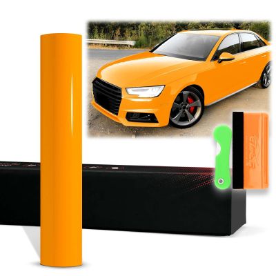 12"x60" (1FTx5FT) PET Super Gloss Papaya Orange High Glossy Vinyl Wrap Auto Car Sticker Decal Film Sheet Bubble Free Air Release Technology with Tool Kit